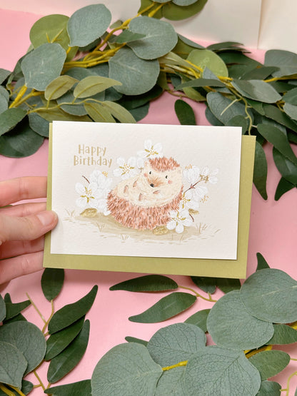 White Sakura Hedgehog Birthday Card