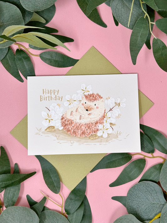 White Sakura Hedgehog Birthday Card