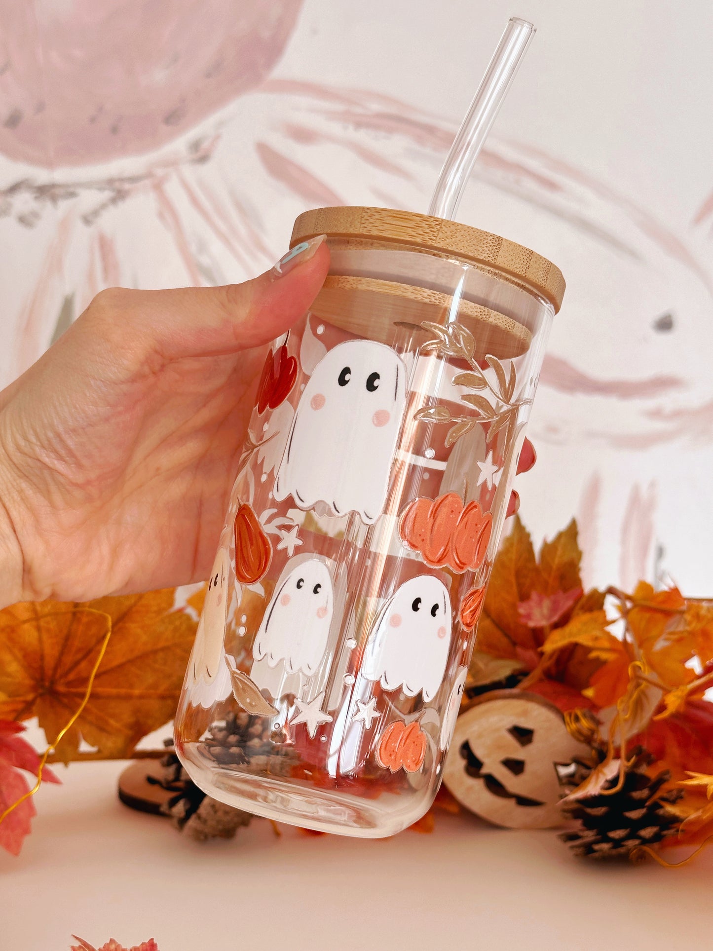 Pumpkin Ghost Glass Tumbler