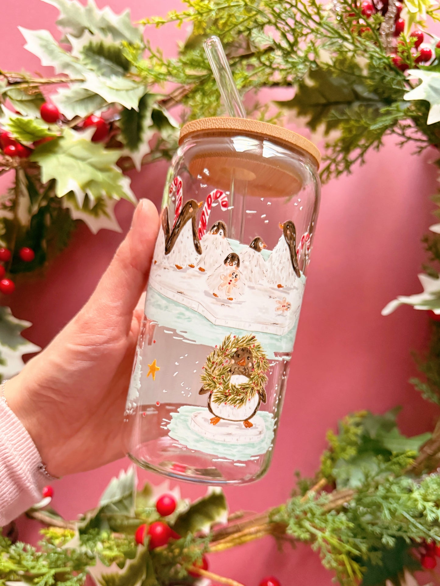 Christmas Penguin Glass Tumbler