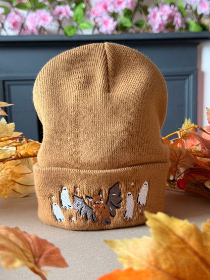 Bat Ghost Embroidered Beanie - Caramel
