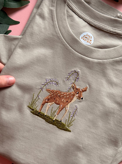 Spring Deer Embroidered T-Shirt - Organic Cotton