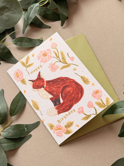 Peony Fox Birthday Card