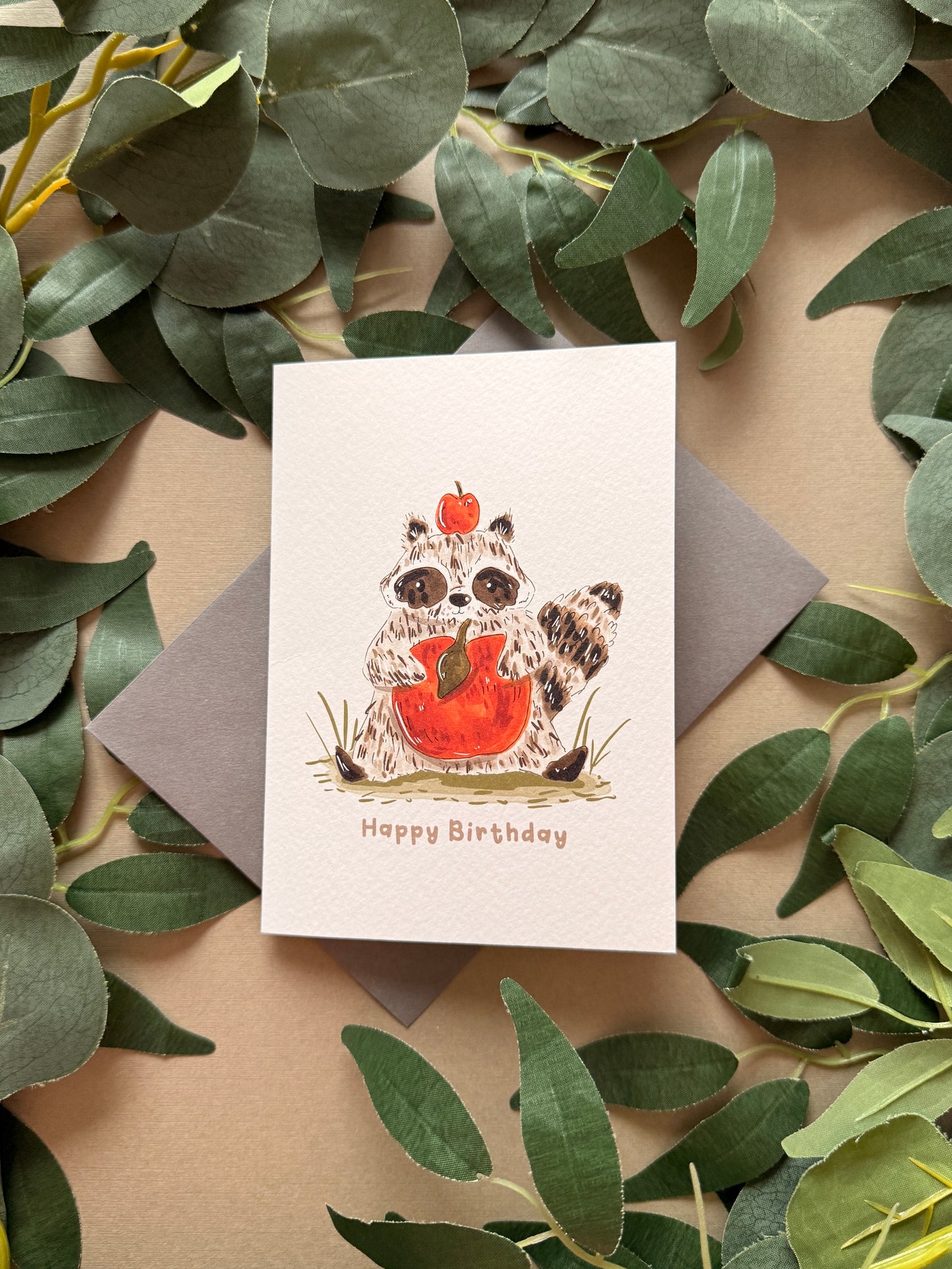 Raccoon Apple Birthday Card