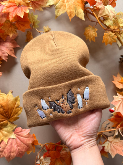 Bat Ghost Embroidered Beanie - Caramel