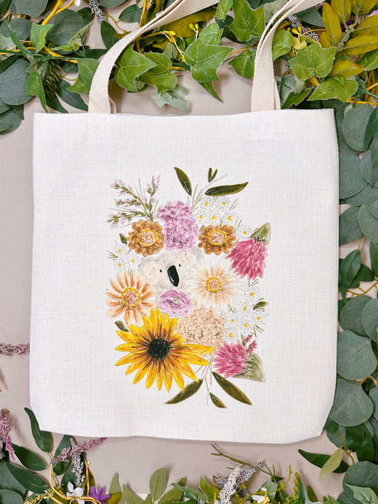 Floral Koala Linen Tote Bag