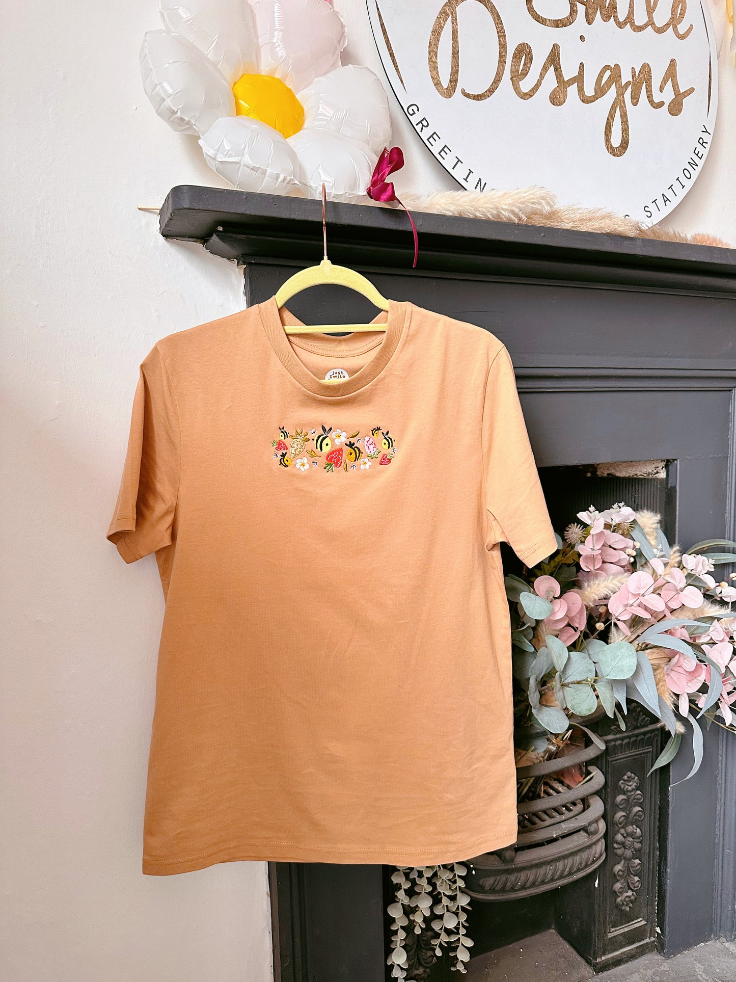 Strawberry Bee Embroidered T-Shirt - Organic Cotton