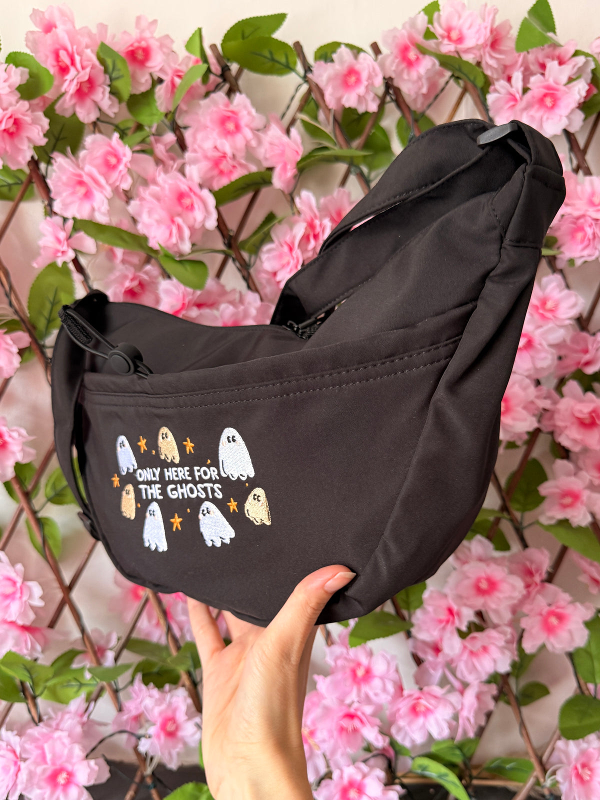 Only Here For The Ghosts Embroidered Crossbody Bag