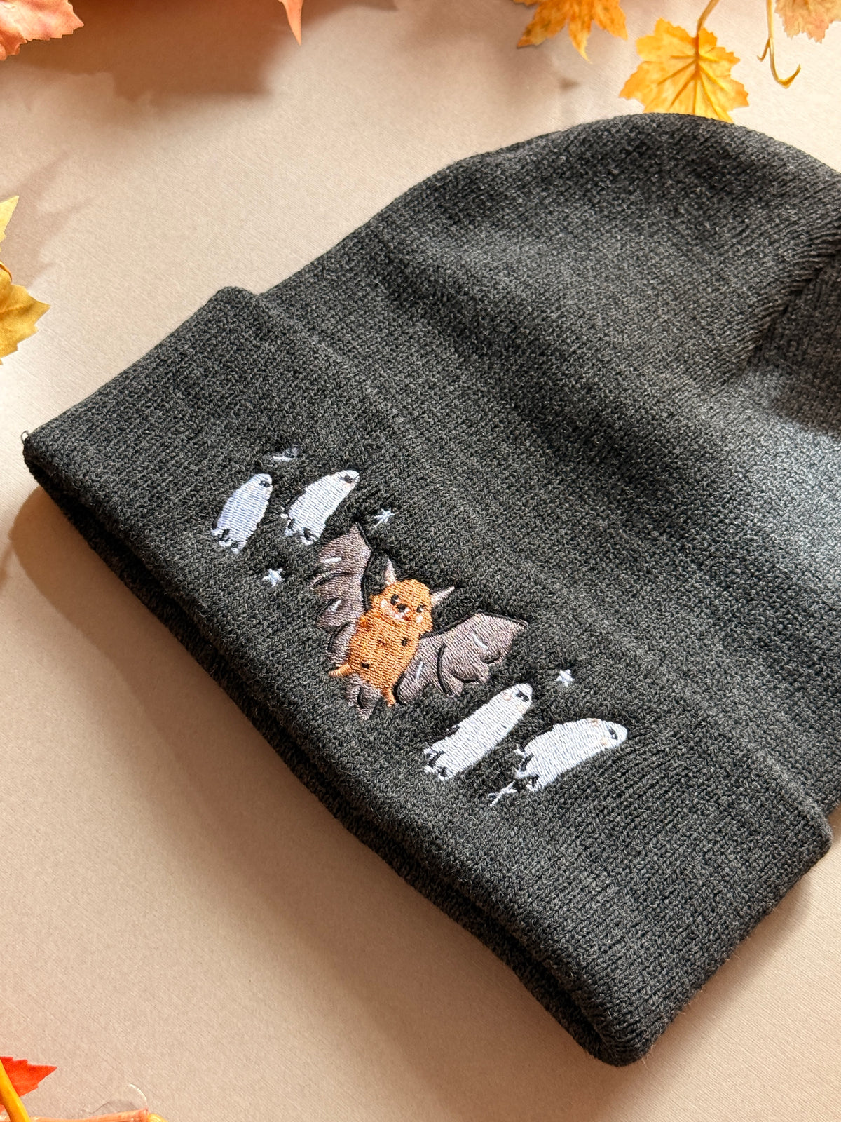 Bat Ghost Embroidered Beanie - Charcoal