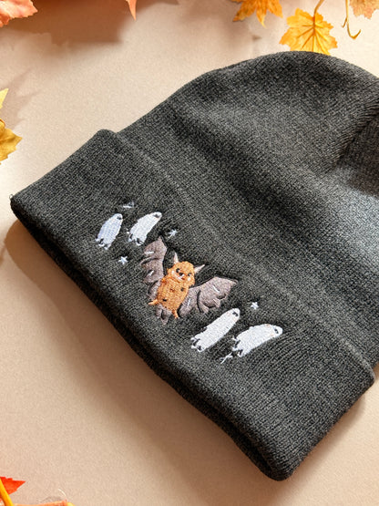 Bat Ghost Embroidered Beanie - Charcoal