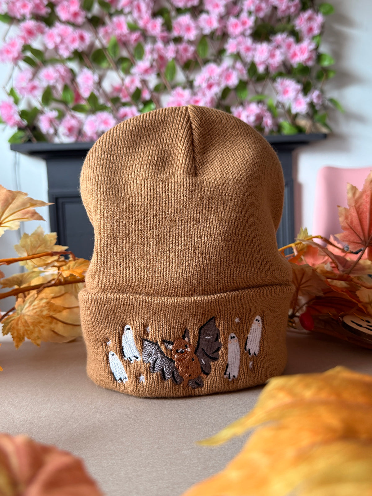 Bat Ghost Embroidered Beanie - Caramel