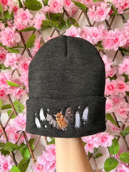 Bat Ghost Embroidered Beanie - Charcoal