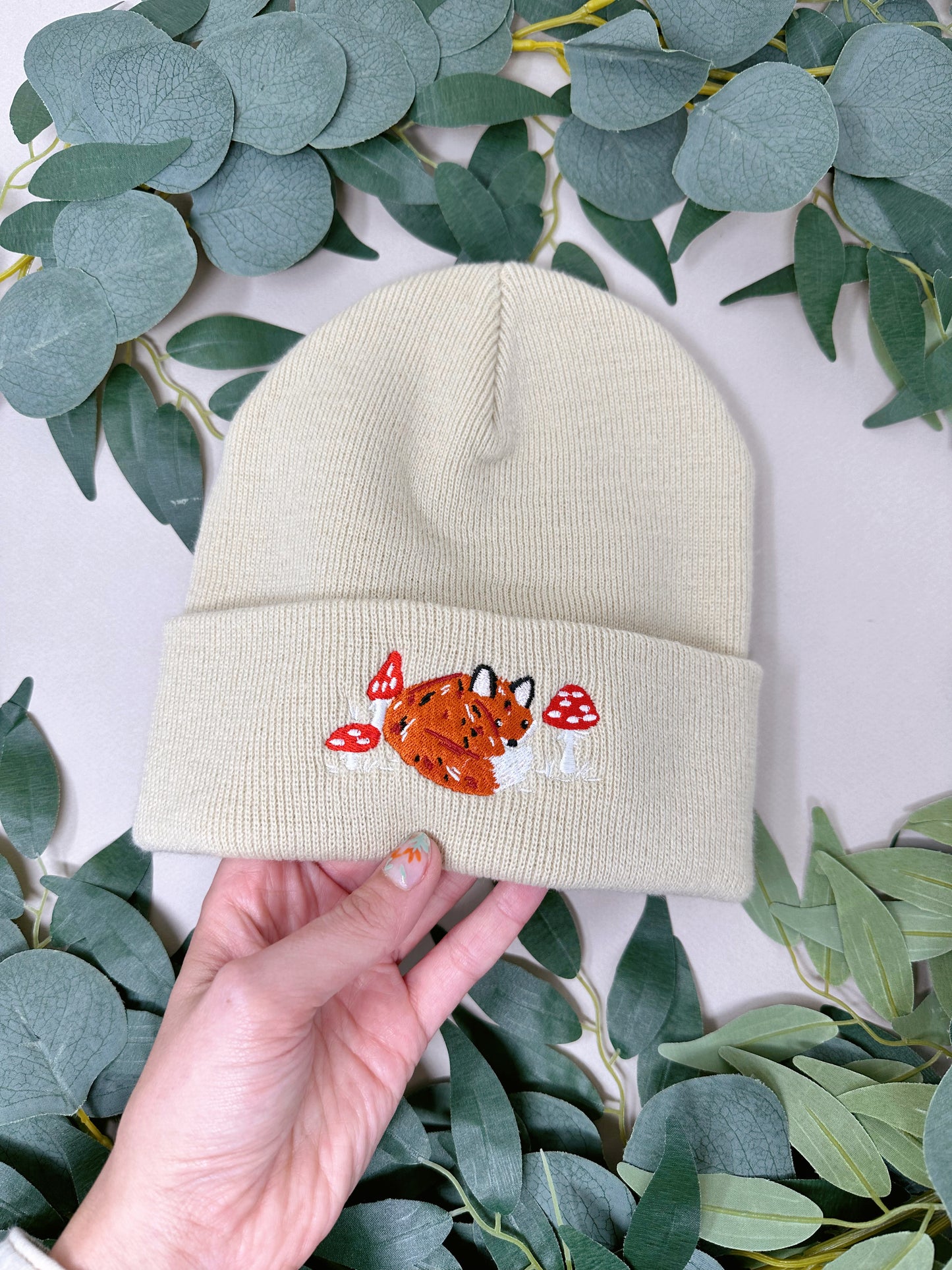 Mushroom Fox Embroidered Beanie