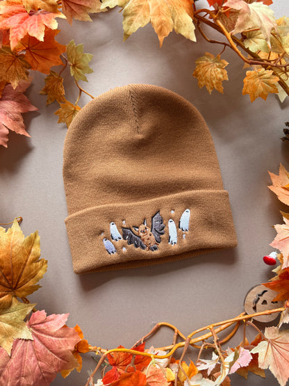 Bat Ghost Embroidered Beanie - Caramel