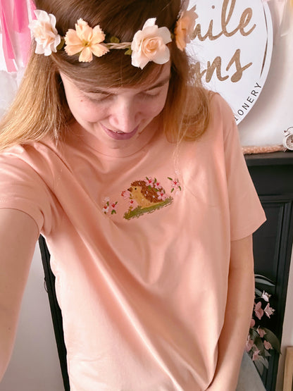 Sakura Hedgehog Embroidered T-Shirt - Organic Cotton