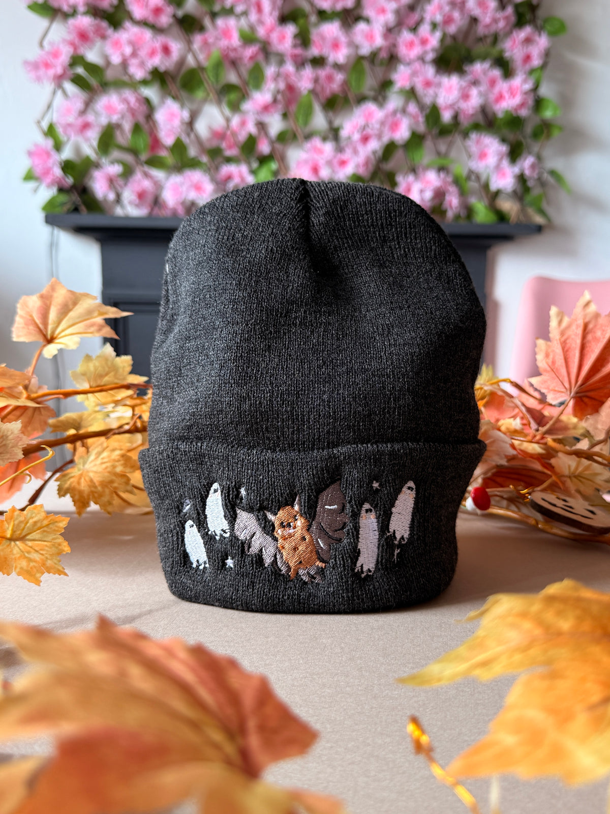 Bat Ghost Embroidered Beanie - Charcoal