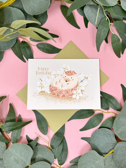 White Sakura Hedgehog Birthday Card