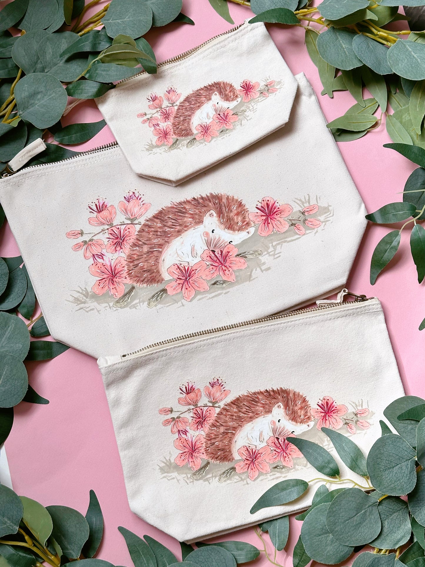 Peach Sakura Hedgehog Zip Bag