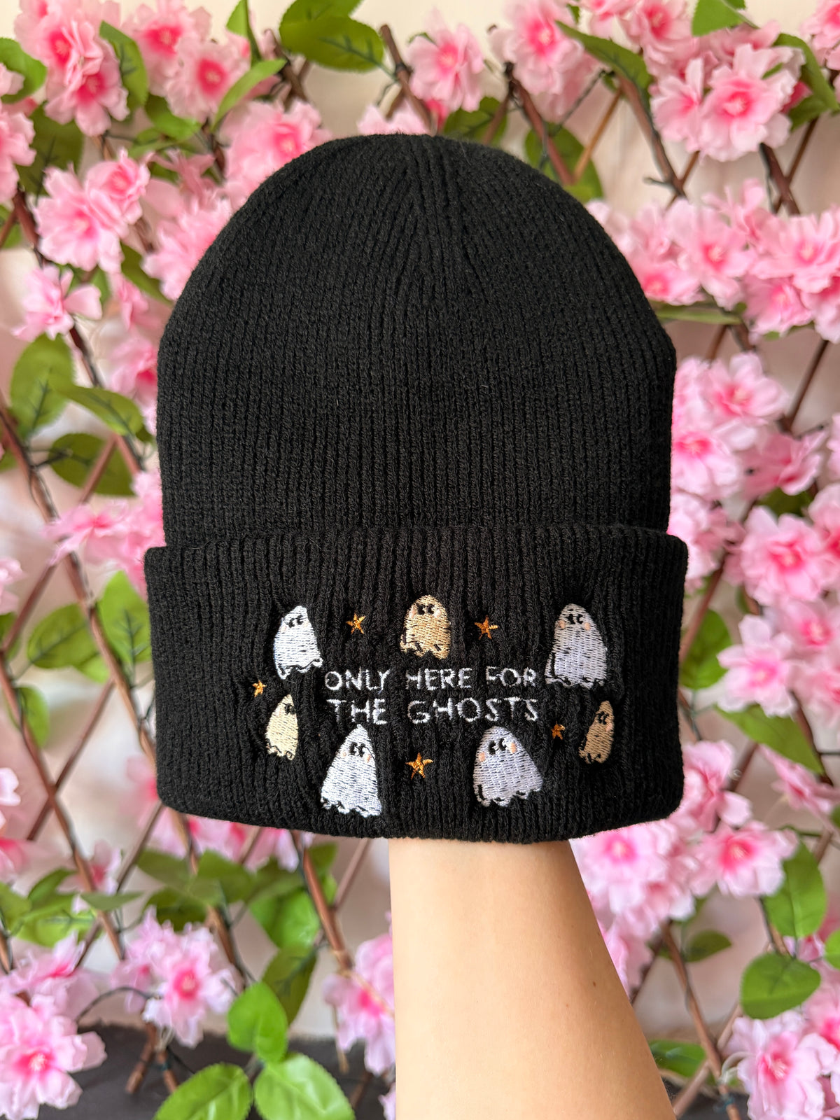 Only Here For The Ghosts Embroidered Beanie - Chunky Knit