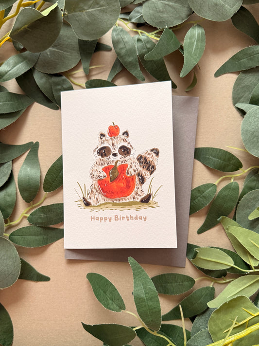 Raccoon Apple Birthday Card