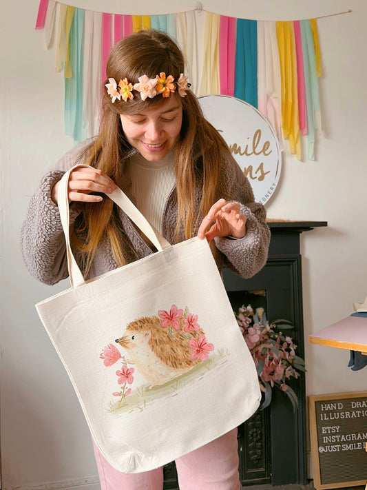 Pink Sakura Hedgehog Linen Tote Bag