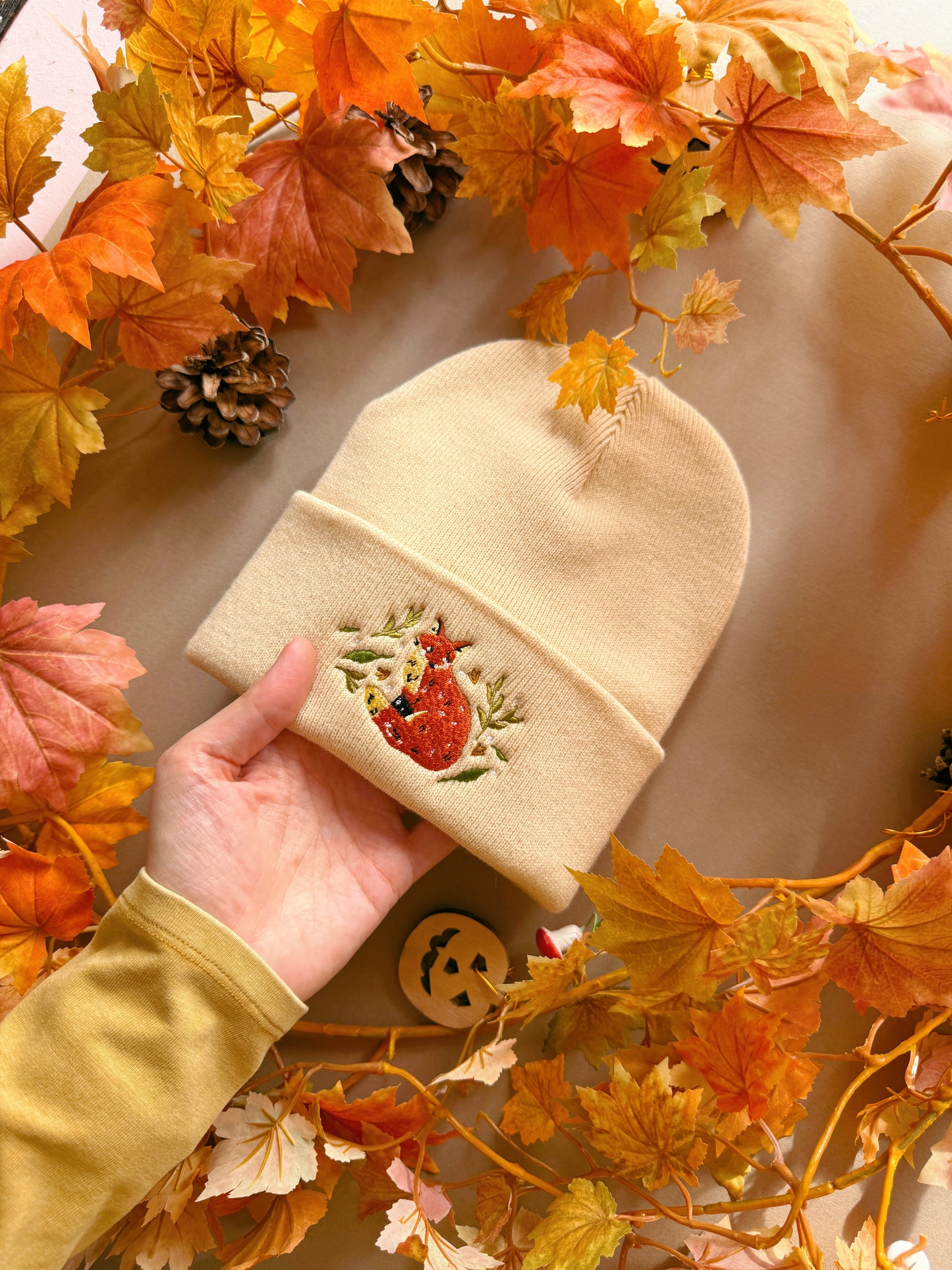 Leafy Fox Embroidered Beanie