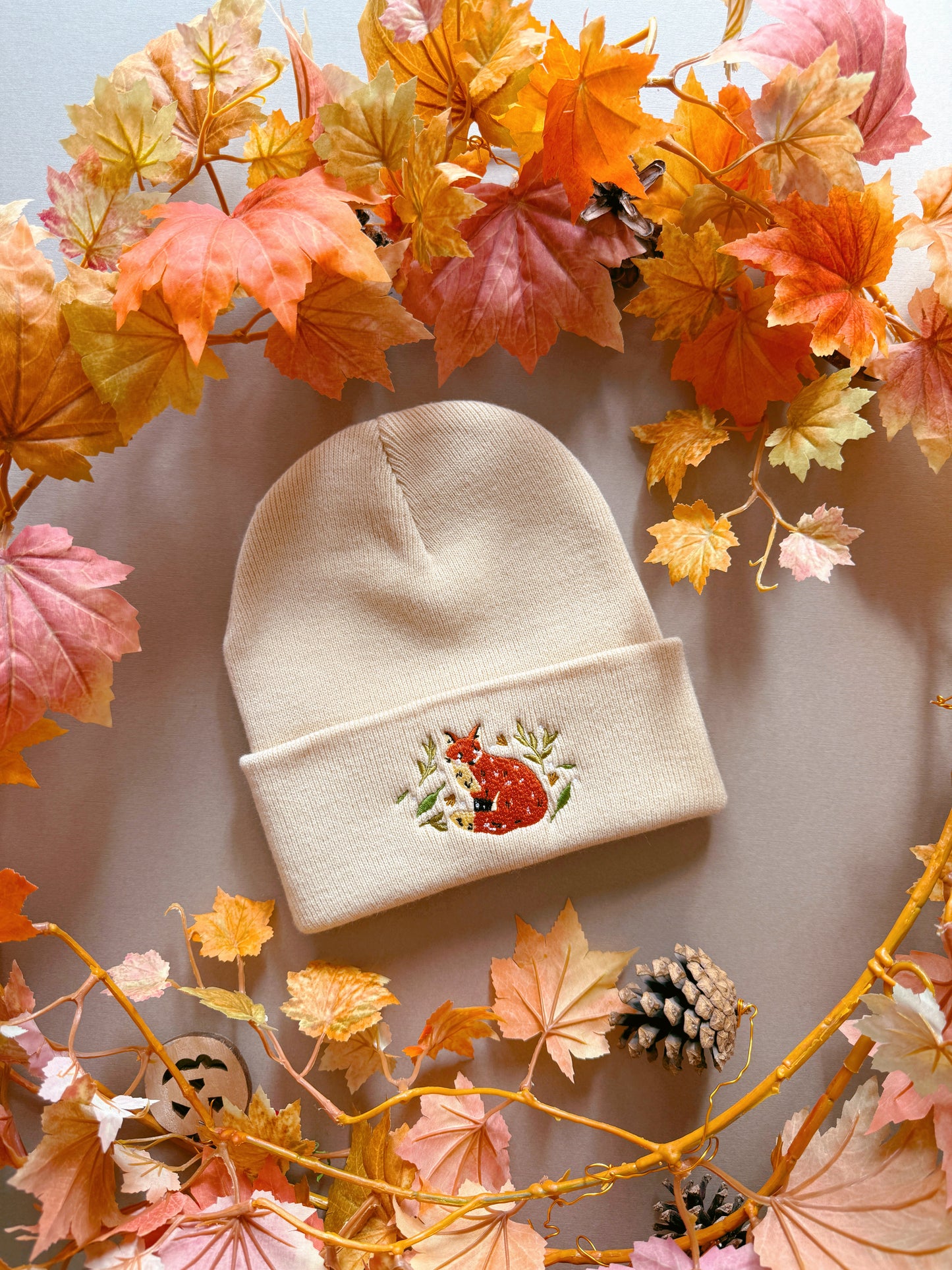 Leafy Fox Embroidered Beanie