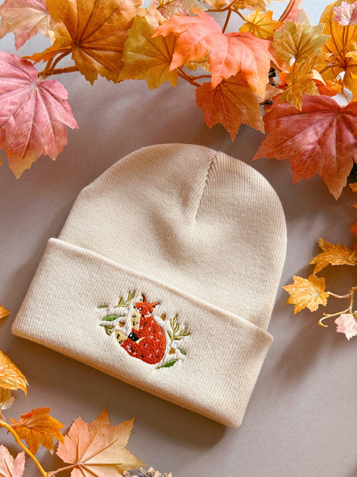 Leafy Fox Embroidered Beanie