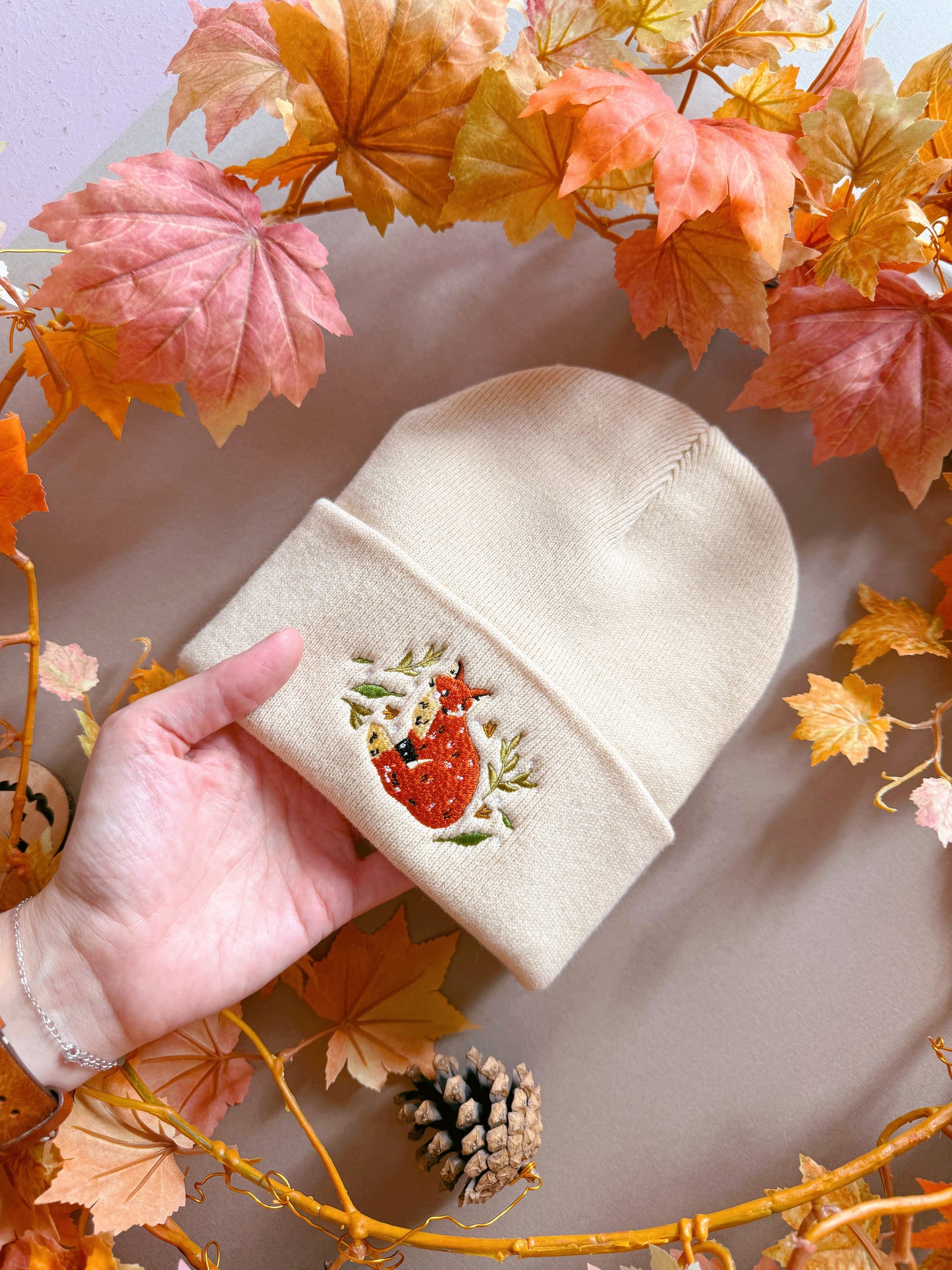Leafy Fox Embroidered Beanie