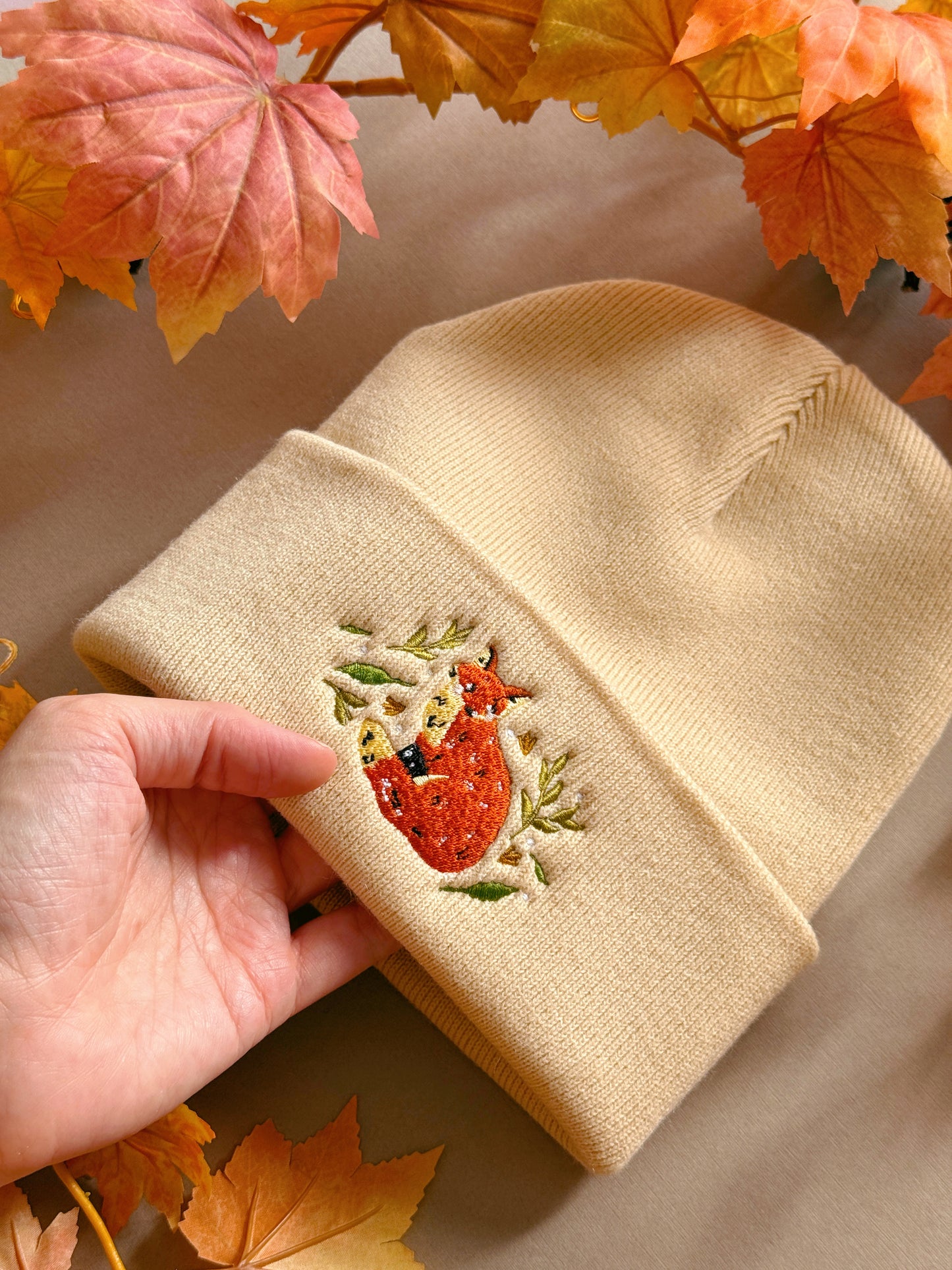 Leafy Fox Embroidered Beanie