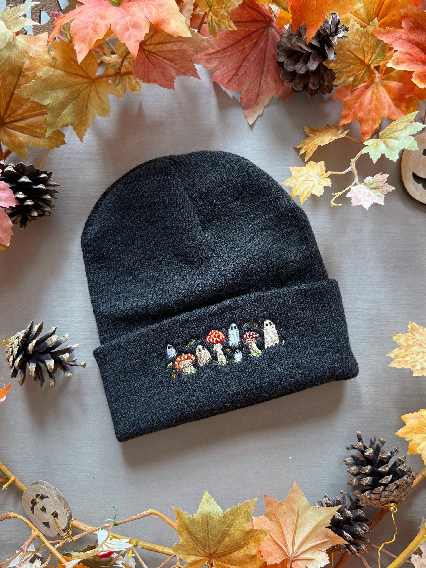 Mushroom Ghost Embroidered Beanie - Charcoal