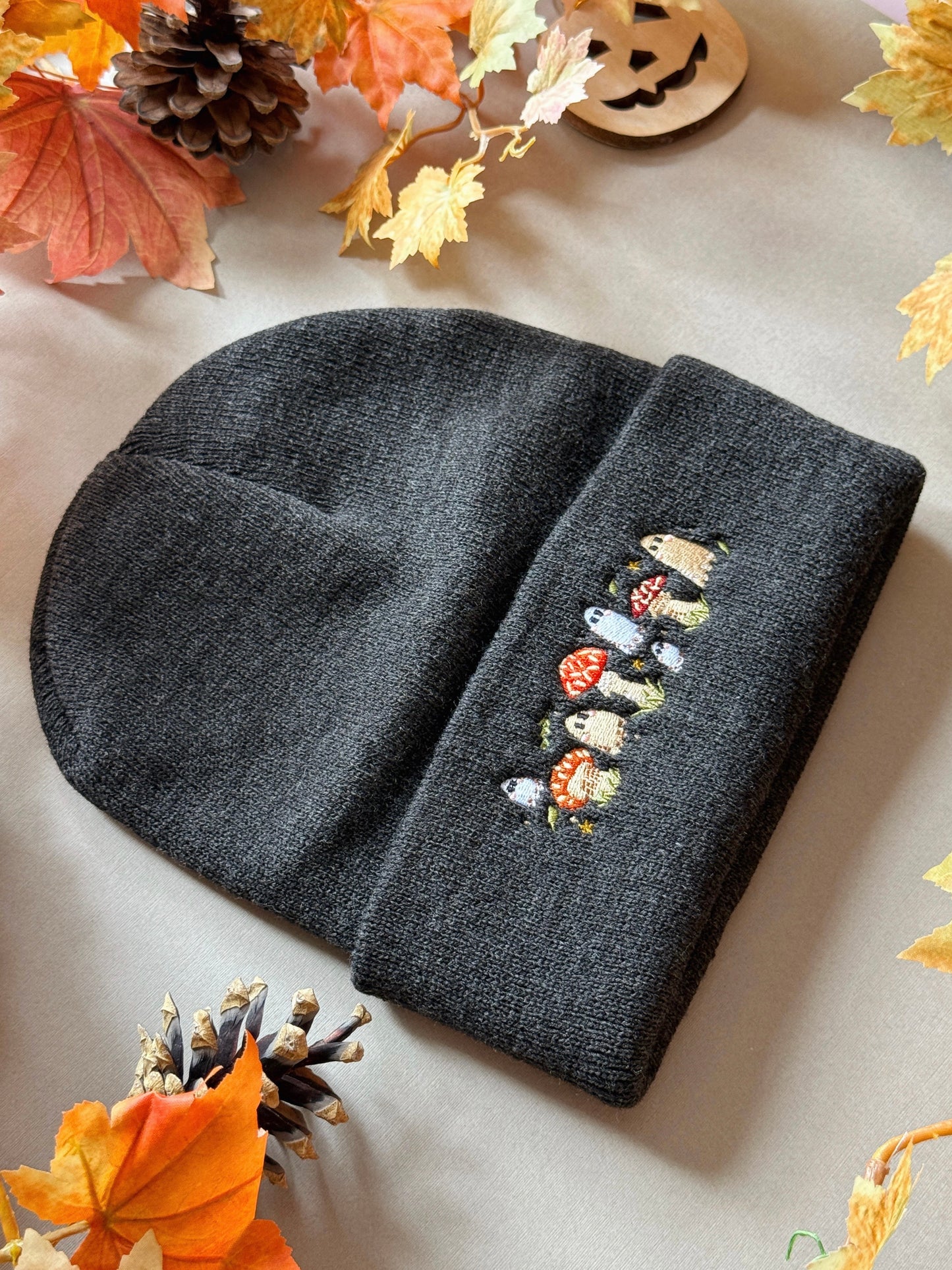 Mushroom Ghost Embroidered Beanie - Charcoal