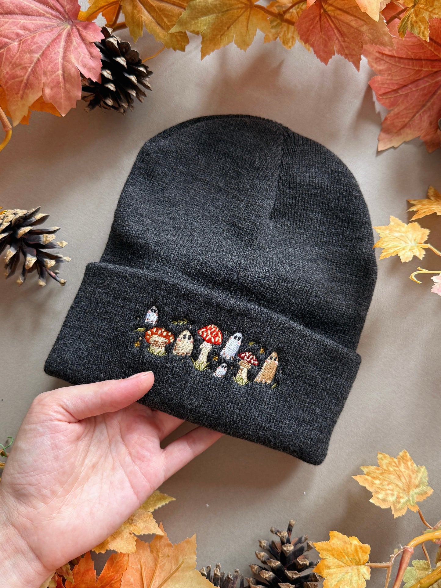Mushroom Ghost Embroidered Beanie - Charcoal