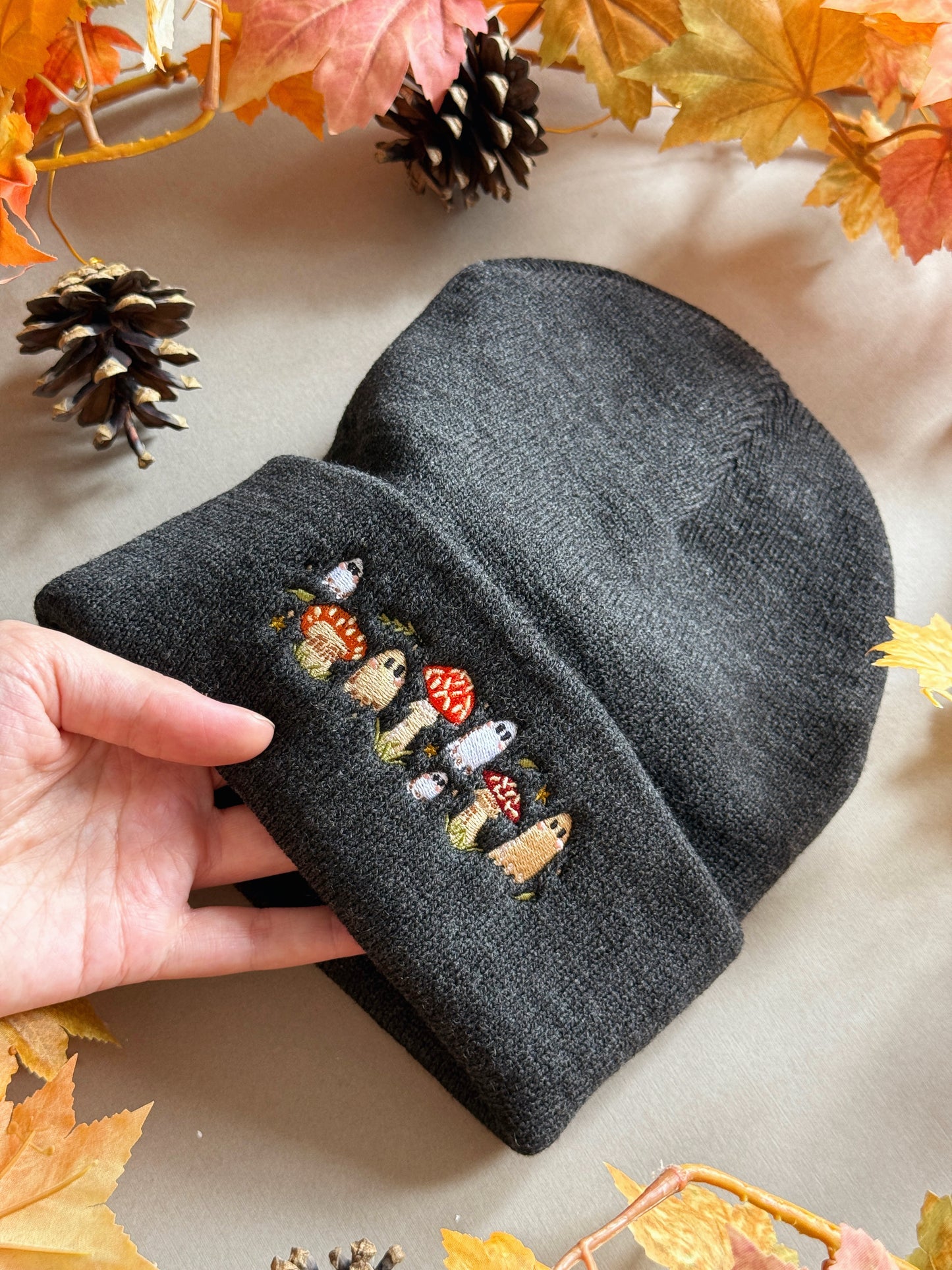Mushroom Ghost Embroidered Beanie - Charcoal