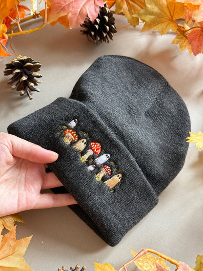 Mushroom Ghost Embroidered Beanie - Charcoal