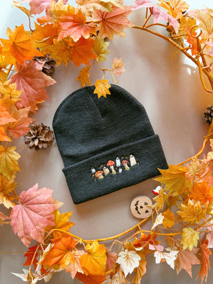 Mushroom Ghost Embroidered Beanie - Charcoal