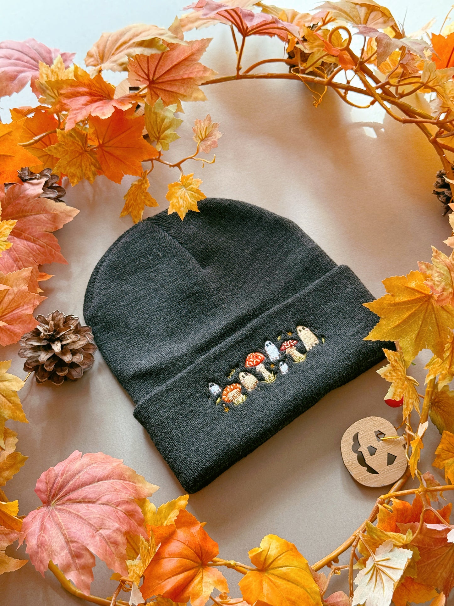 Mushroom Ghost Embroidered Beanie - Charcoal