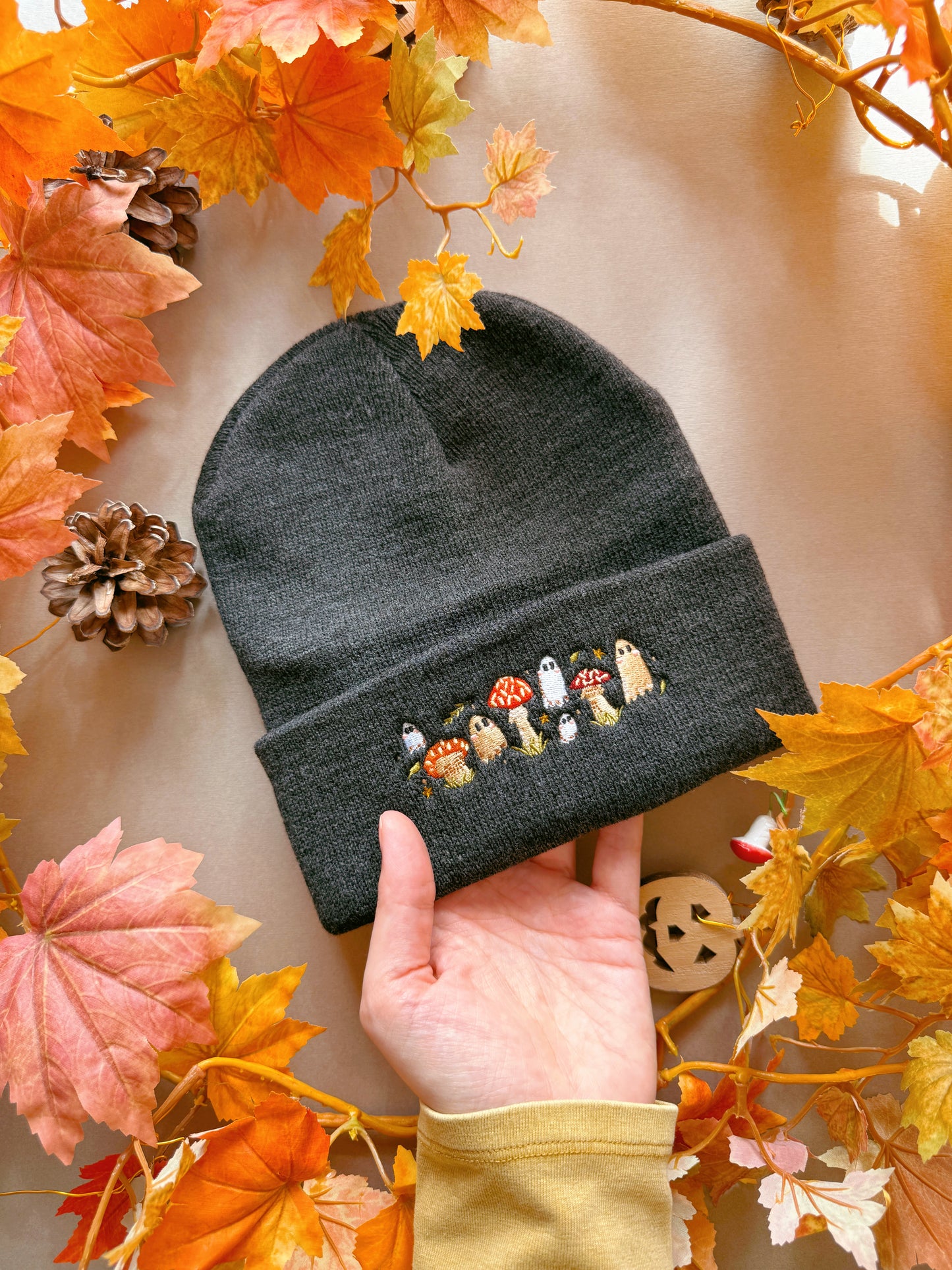 Mushroom Ghost Embroidered Beanie - Charcoal