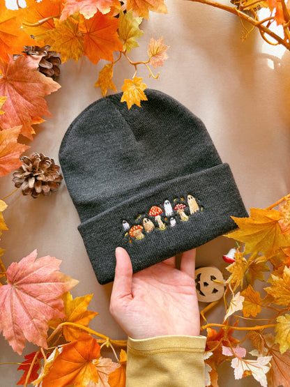 Mushroom Ghost Embroidered Beanie - Charcoal