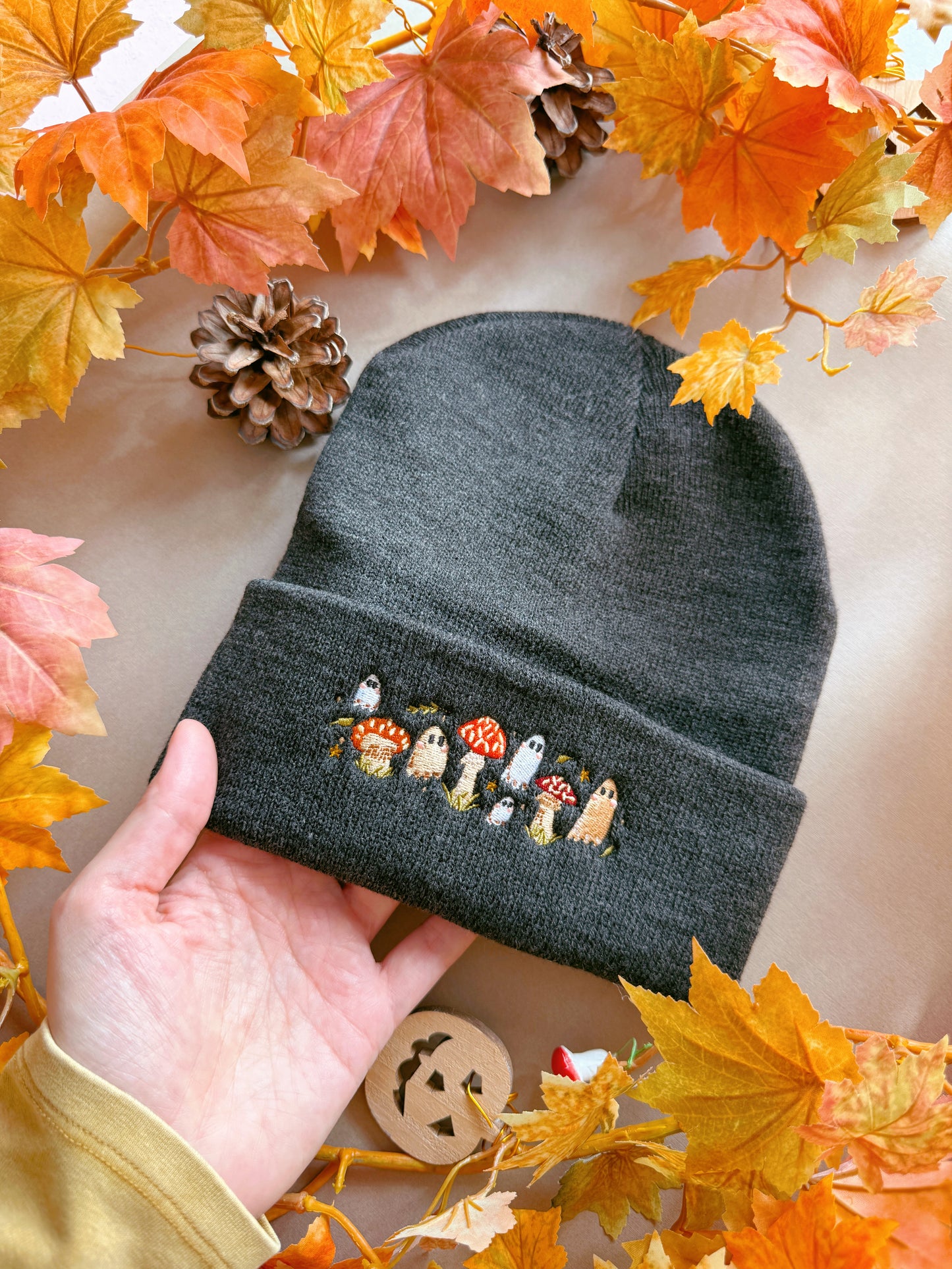 Mushroom Ghost Embroidered Beanie - Charcoal
