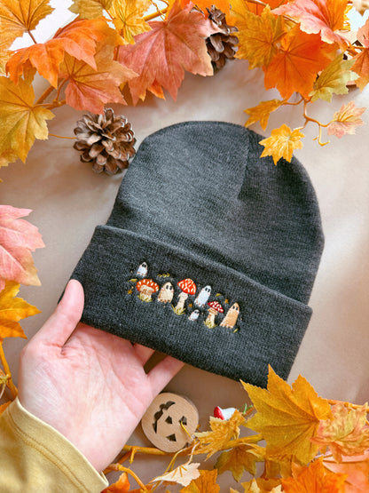 Mushroom Ghost Embroidered Beanie - Charcoal