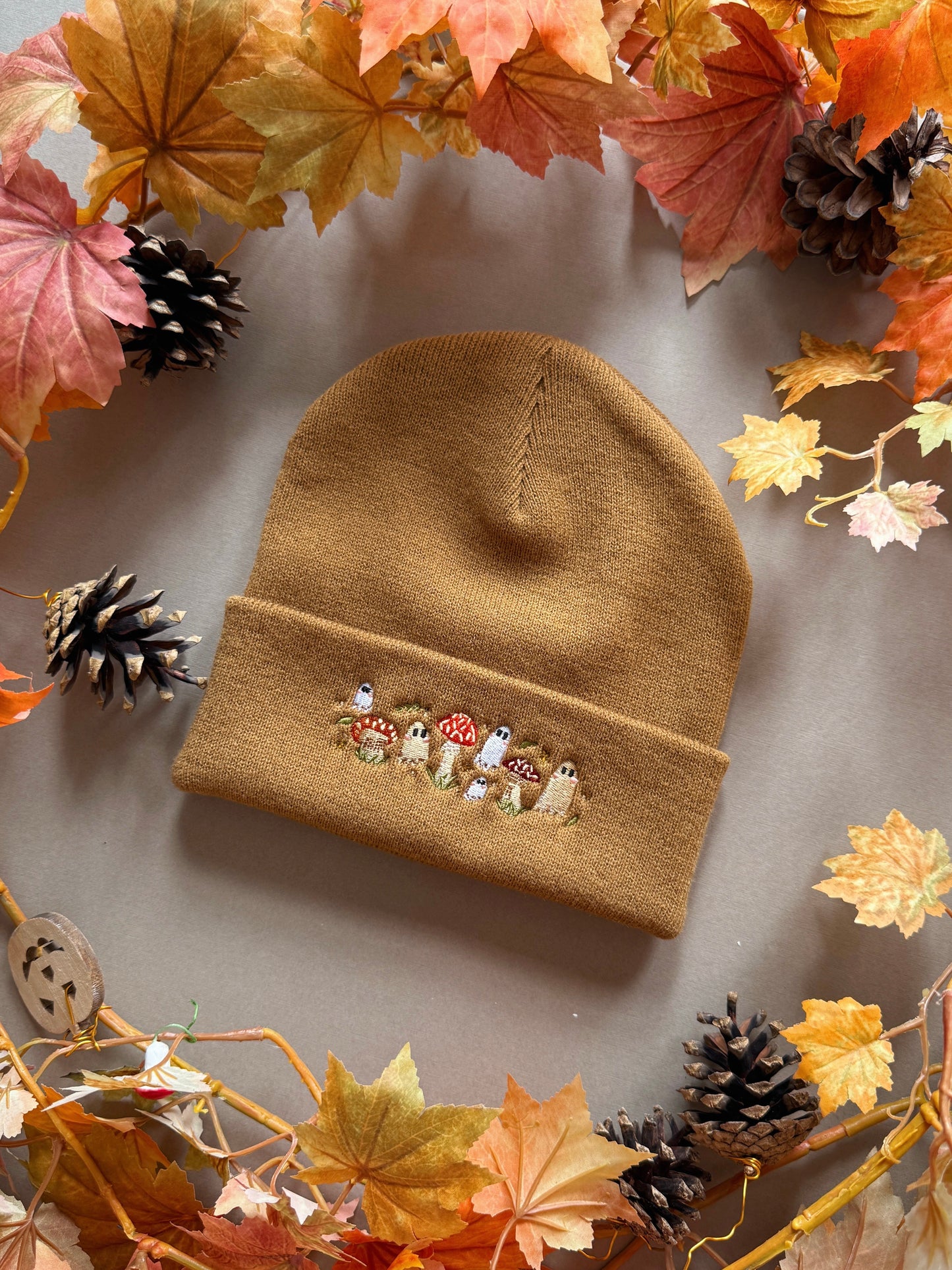 Mushroom Ghost Embroidered Beanie - Caramel