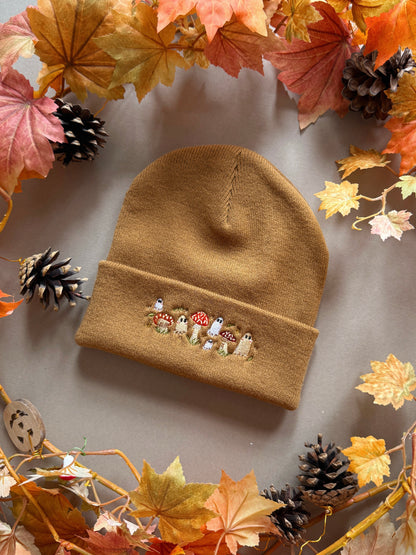 Mushroom Ghost Embroidered Beanie - Caramel