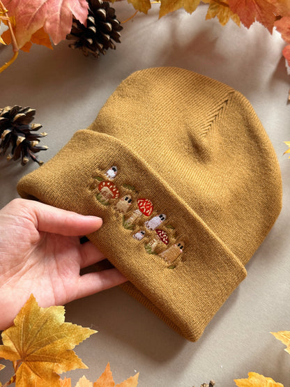 Mushroom Ghost Embroidered Beanie - Caramel