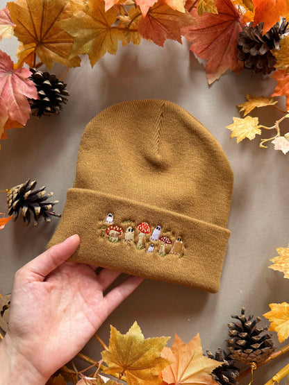 Mushroom Ghost Embroidered Beanie - Caramel