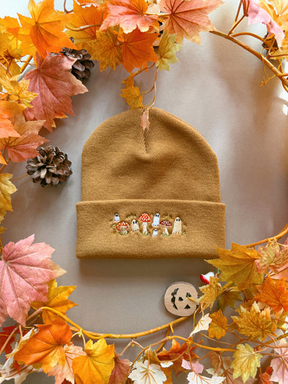 Mushroom Ghost Embroidered Beanie - Caramel