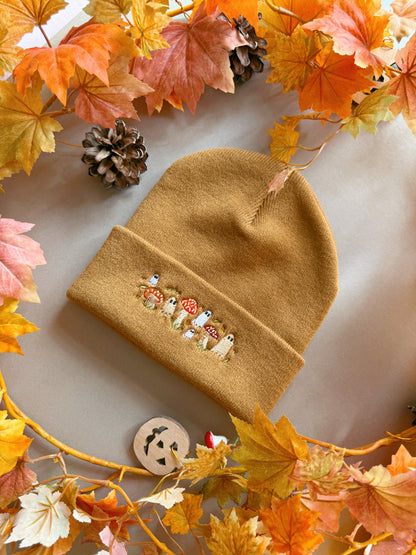 Mushroom Ghost Embroidered Beanie - Caramel