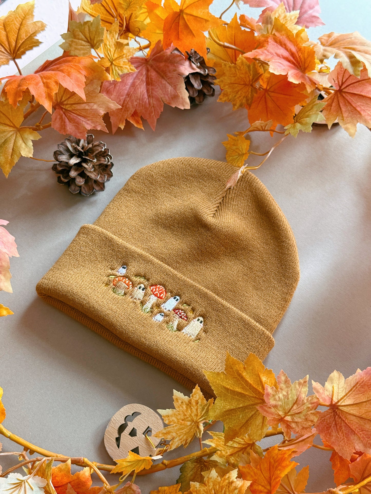 Mushroom Ghost Embroidered Beanie - Caramel