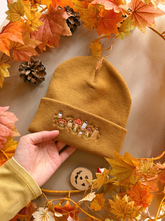 Mushroom Ghost Embroidered Beanie - Caramel