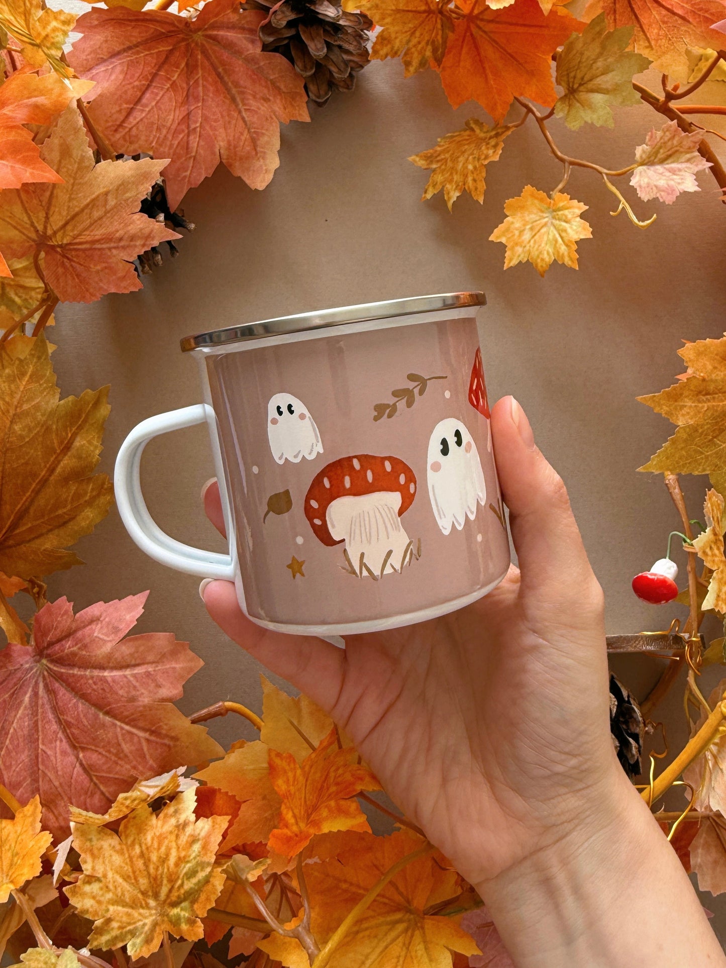 Mushroom Ghost Enamel Mug - Tan